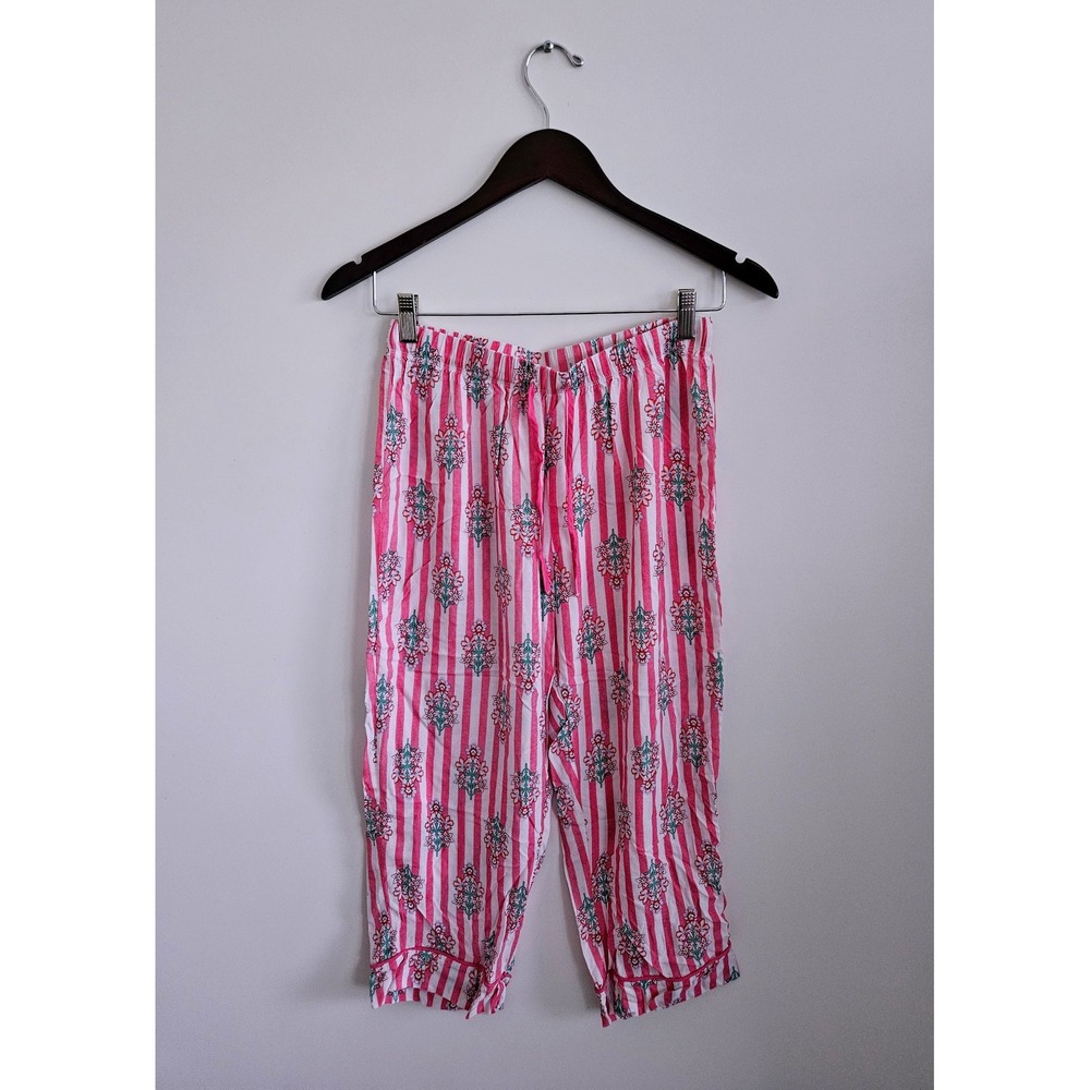 Crown & Ivy Small Pink White Stripe Floral Pajama Set Short Capris 2 Piece - Picture 5 of 11